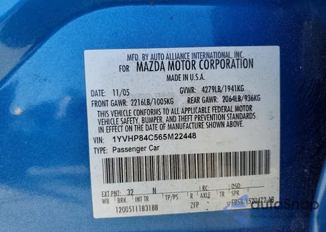 2006 Mazda 6 I z USA, uszkodzony, nr VIN 1YVHP84C565M22448